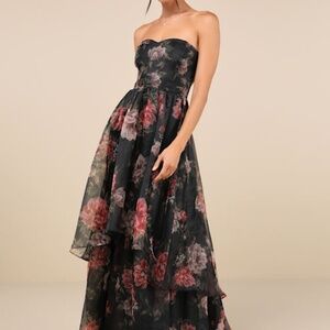 Lulus Truly Extraordinary Black Floral Organza Strapless Maxi Dress - Size 1X